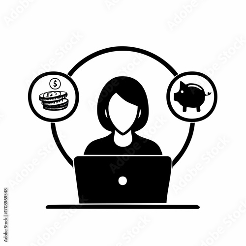 A person sits at a laptop, with icons representing money and a piggy bank symbolizing financial planning and saving.
