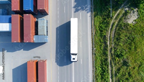 Aerial view of a highway with a semi-truck and cargo containers