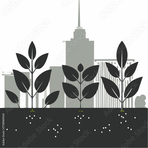 Silhouetted plants with visible roots growing in soil against a backdrop of stylized city buildings and skyscrapers.