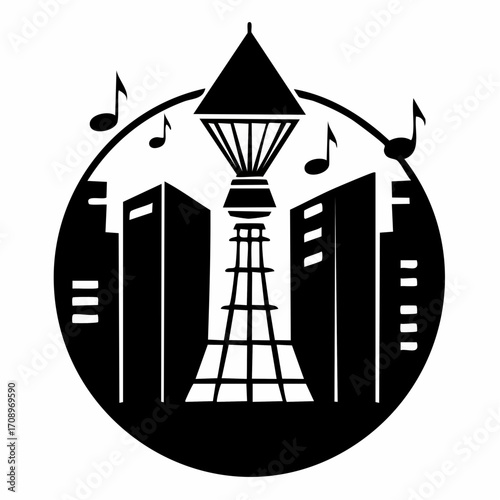 Stylized illustration of a cityscape with a prominent tower and musical notes, symbolizing urban entertainment and culture.