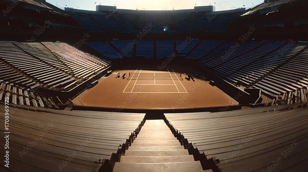 Obraz premium Empty tennis stadium with clay court and tiered seating under sunlight