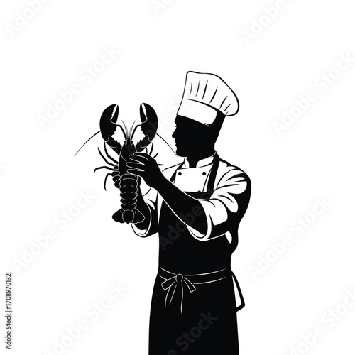 Graphic vector illustration of a chef in a toque and apron holding a fresh lobster, symbolizing gourmet seafood cuisine and the culinary arts