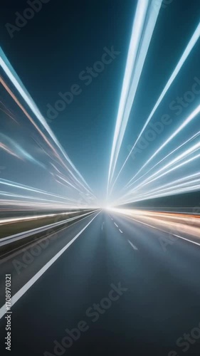 Dynamic night highway with captivating light trails, representing speed, progress, and futuristic travel. Long exposure blurs vehicle lights into vibrant streaks, creating a modern, energetic