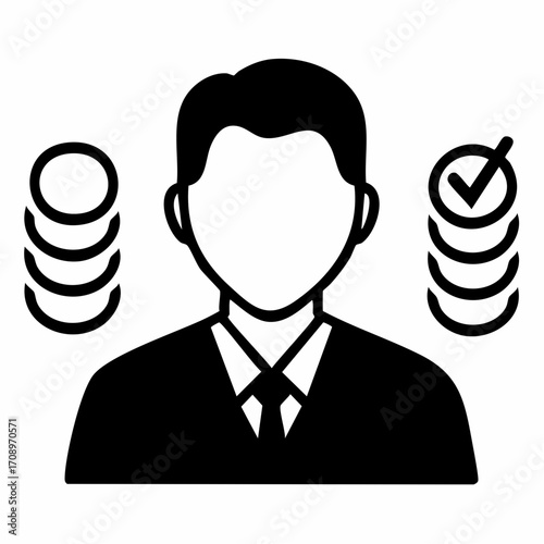 A stylized icon depicting a person in professional attire with stacks of coins on either side, one marked with a checkmark, symbolizing financial management or success.