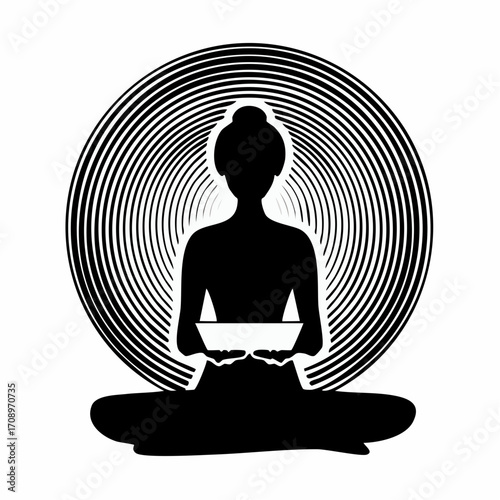 Silhouette of a person meditating in a lotus pose with a concentric circular pattern behind them, symbolizing focus and inner peace.