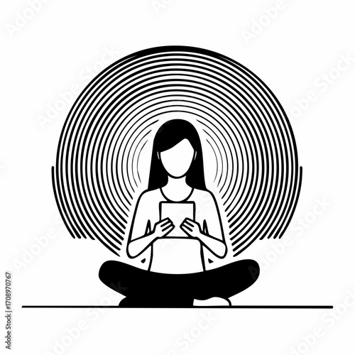 A person sitting cross-legged, engrossed in a digital device, with concentric circles emanating outwards, suggesting focus or reception.