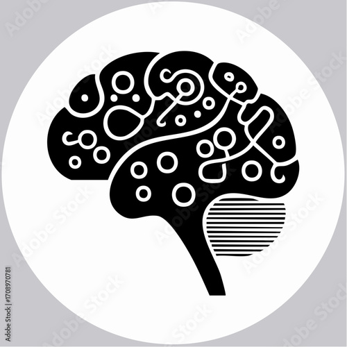 Stylized black and white illustration of a human brain with intricate patterns and circular elements, representing thought and cognition.
