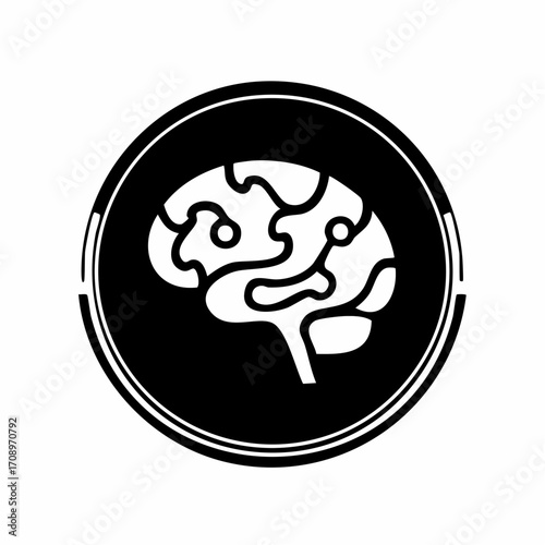 A stylized white silhouette of a human brain with intricate, interconnected pathways, enclosed within a bold black circular frame, representing intellect and neural networks.