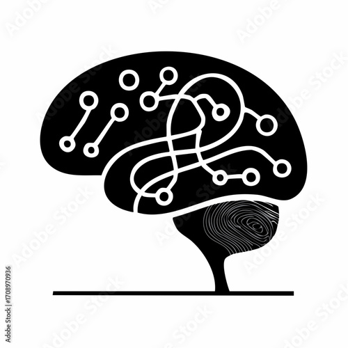 Stylized black silhouette of a human brain with interconnected nodes and circuits, symbolizing artificial intelligence and cognitive processes, featuring a f...