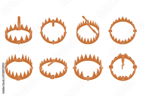 Vector Icons and Symbols Set of Dangerous Bear Traps. Collection of Bear Trap Illustrations and Symbols in a Clean Vector Design
