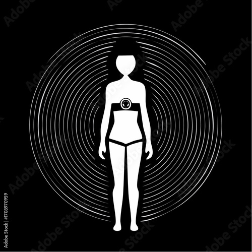 A stylized white silhouette of a human figure stands centered within concentric white circles against a black background, suggesting energy or auras.