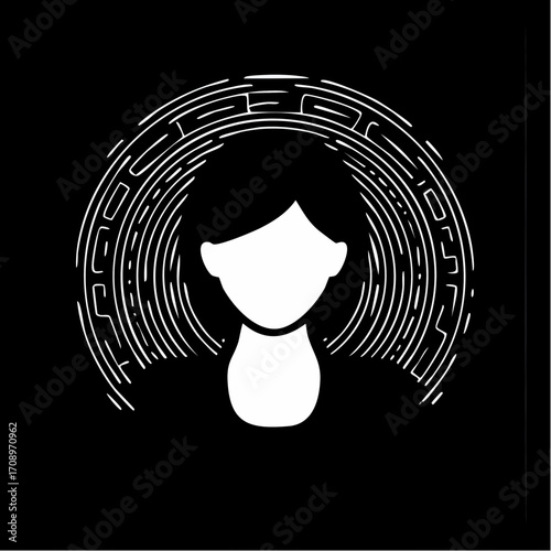 Stylized white silhouette of a person's head and shoulders, surrounded by concentric, abstract, circular lines radiating outwards on a black background.