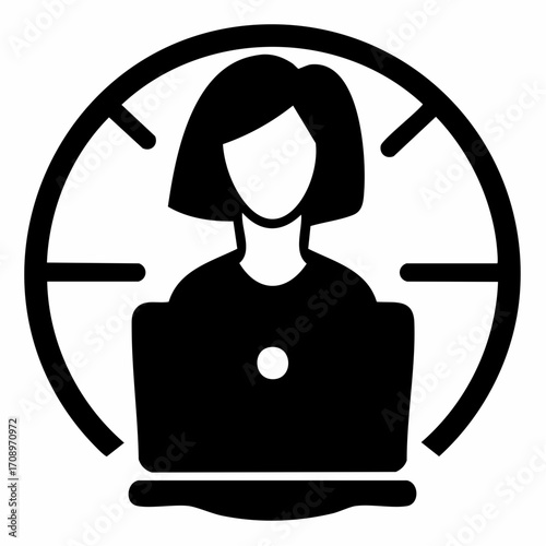Stylized black and white icon depicting a person working on a laptop, framed within a circular target or scope.