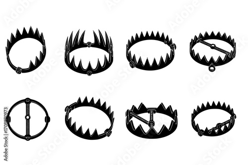 Vector Icons and Symbols Set of Dangerous Bear Traps. Collection of Bear Trap Illustrations and Symbols in a Clean Vector Design
