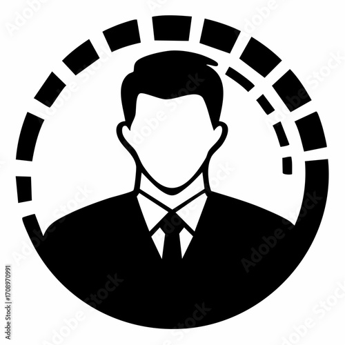 A stylized black and white icon of a person in a suit and tie, framed by a circular, segmented border suggesting progress or a dashboard.
