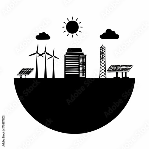 Stylized illustration of a cityscape powered by renewable energy sources including wind turbines and solar panels under a bright sun.