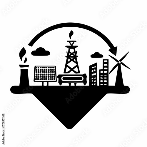A conceptual illustration depicting a spectrum of energy production, from traditional fossil fuels to renewable sources, within an industrial and urban landscape.