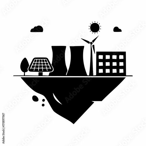 A stylized illustration of a floating island showcasing a sustainable energy landscape with solar panels, a wind turbine, and a nuclear power plant.