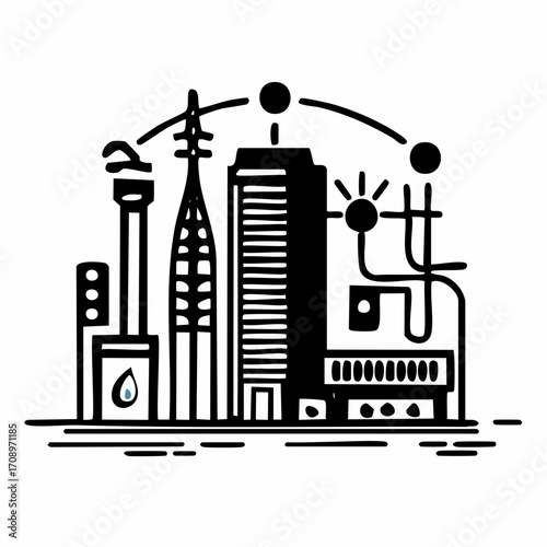 Stylized illustration of a modern cityscape with interconnected towers and glowing nodes, representing a smart city or technological infrastructure.