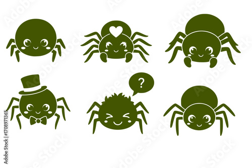 Set of Cute Spider Characters in a Simple Cartoon Style, Vector Art