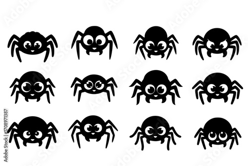Set of Cute Spider Characters in a Simple Cartoon Style, Vector Art
