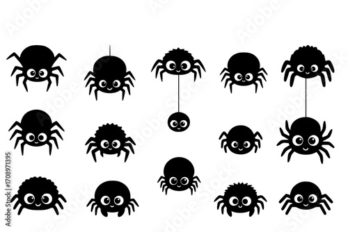 Set of Cute Spider Characters in a Simple Cartoon Style, Vector Art