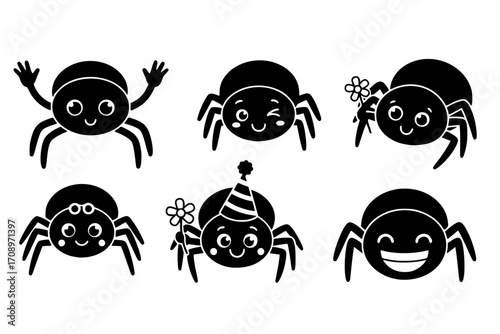 Set of Cute Spider Characters in a Simple Cartoon Style, Vector Art