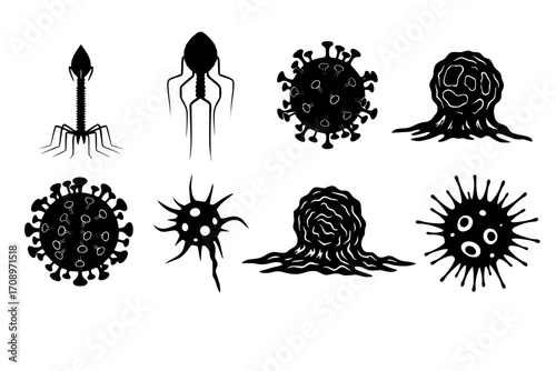 Set of Microscopic Virus and Cancer Cells in Silhouette Style