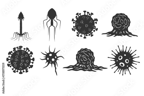Set of Microscopic Virus and Cancer Cells in Silhouette Style