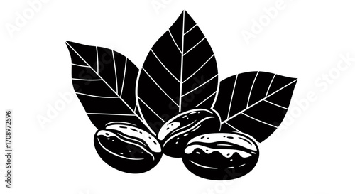 A stylized vector illustration featuring three dark roasted coffee beans with vibrant green leaves, perfect for beverage and food-related designs.