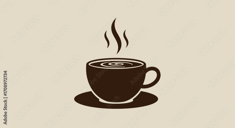 Obraz premium A steaming cup of dark coffee sits on a saucer, depicted in a clean, modern vector graphic style, perfect for illustrating coffee culture and cafes.