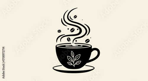 A stylish vector illustration showcases a steaming cup of coffee, adorned with coffee beans, emanating warmth and inviting aroma, perfect for cafe branding or beverage-related designs.