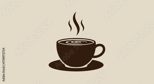 A steaming cup of dark coffee sits on a saucer, depicted in a clean, modern vector graphic style, perfect for illustrating coffee culture and cafes.
