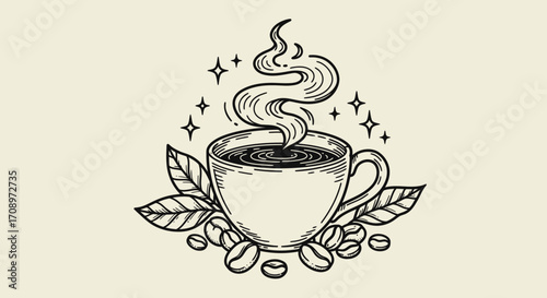 Hand-drawn sketch of a steaming cup of coffee surrounded by roasted beans and fresh leaves, perfect for cafe branding and beverage illustrations.