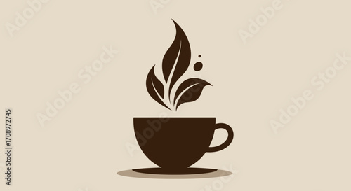 A minimalist vector illustration depicts a steaming coffee cup with stylized leaf-like elements rising above, perfect for cafe logos, branding, and designs, set against a neutral background.