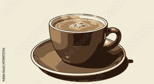 High-quality vector PNG image of a steaming cup of coffee on a saucer, perfect for cafe menus, websites, or coffee-themed designs. The illustration features a dark brown cup and saucer with a