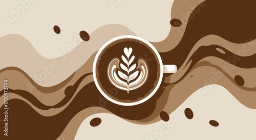 Aromatic coffee beans and latte art in a cup, presented with a flowing, abstract brown background, perfect for beverage and cafe themes.