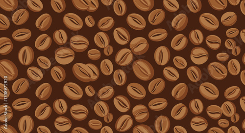 A vector illustration of roasted coffee beans scattered on a brown background, perfect for use in designs related to coffee, cafes, or food and beverage products.