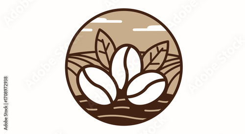 High-quality vector PNG illustration of three coffee beans nestled amongst leaves, set against a scenic coffee plantation backdrop, ideal for cafe logos and branding projects.