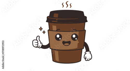 A cute, happy cartoon coffee cup character giving a thumbs up with steam rising, perfect for beverage branding and advertising.
