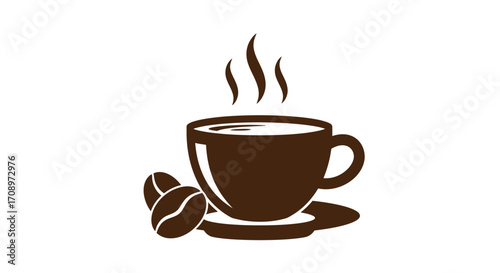 A simple vector illustration showcases a steaming cup of coffee with roasted coffee beans, perfect for cafe branding or design projects, presented on a white background.