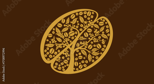 Stylized coffee bean vector illustration with a tree growing inside, symbolizing growth and natural origin, perfect for branding and design.