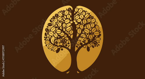Stylized vector illustration of a tree made of coffee beans, symbolizing growth and the coffee industry, presented in a golden hue on a brown background.