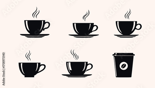 A versatile collection of black silhouette coffee cups and a disposable cup with a coffee bean logo, featuring steam, presented as clean vector art.