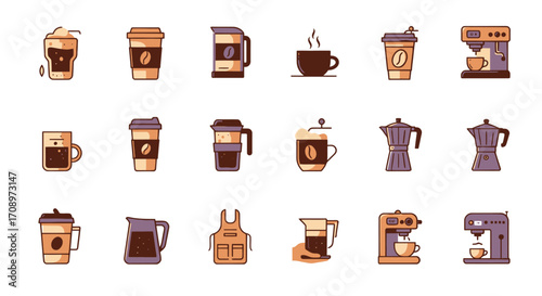 A vibrant vector illustration showcasing a delightful collection of coffee-related icons, perfect for cafes, websites, and promotional materials with various coffee beverages and brewing equipment.