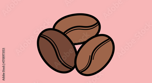 A simple vector illustration of three brown coffee beans with black outlines, presented on a soft pink background, perfect for food and drink themes.