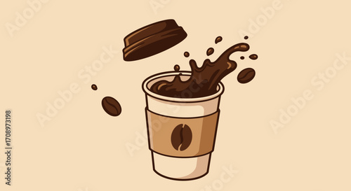 A delightful vector illustration showcases a coffee cup with a splash of rich, dark coffee and scattered coffee beans, perfect for beverage-related designs.