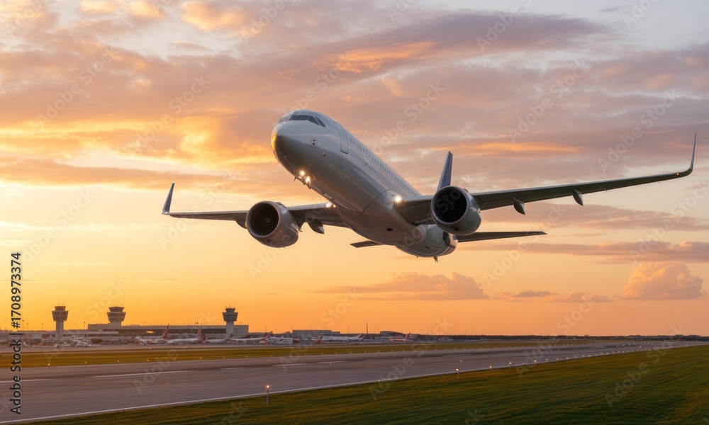 Naklejka premium Jet taking off at sunset over airport runway