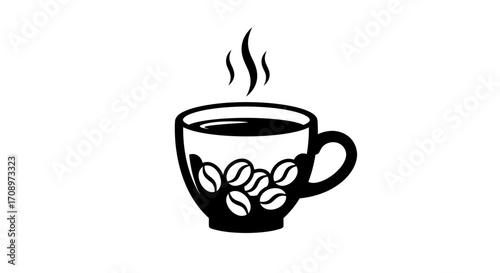 High-quality vector PNG image of a steaming cup of coffee with coffee beans inside, perfect for cafe menus, websites, and branding projects needing a simple yet elegant design.