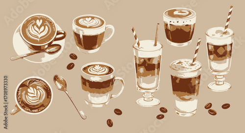 An illustrated vector graphic showcasing a variety of coffee drinks, including lattes and iced beverages, alongside scattered coffee beans and a spoon, all presented in a PNG format.